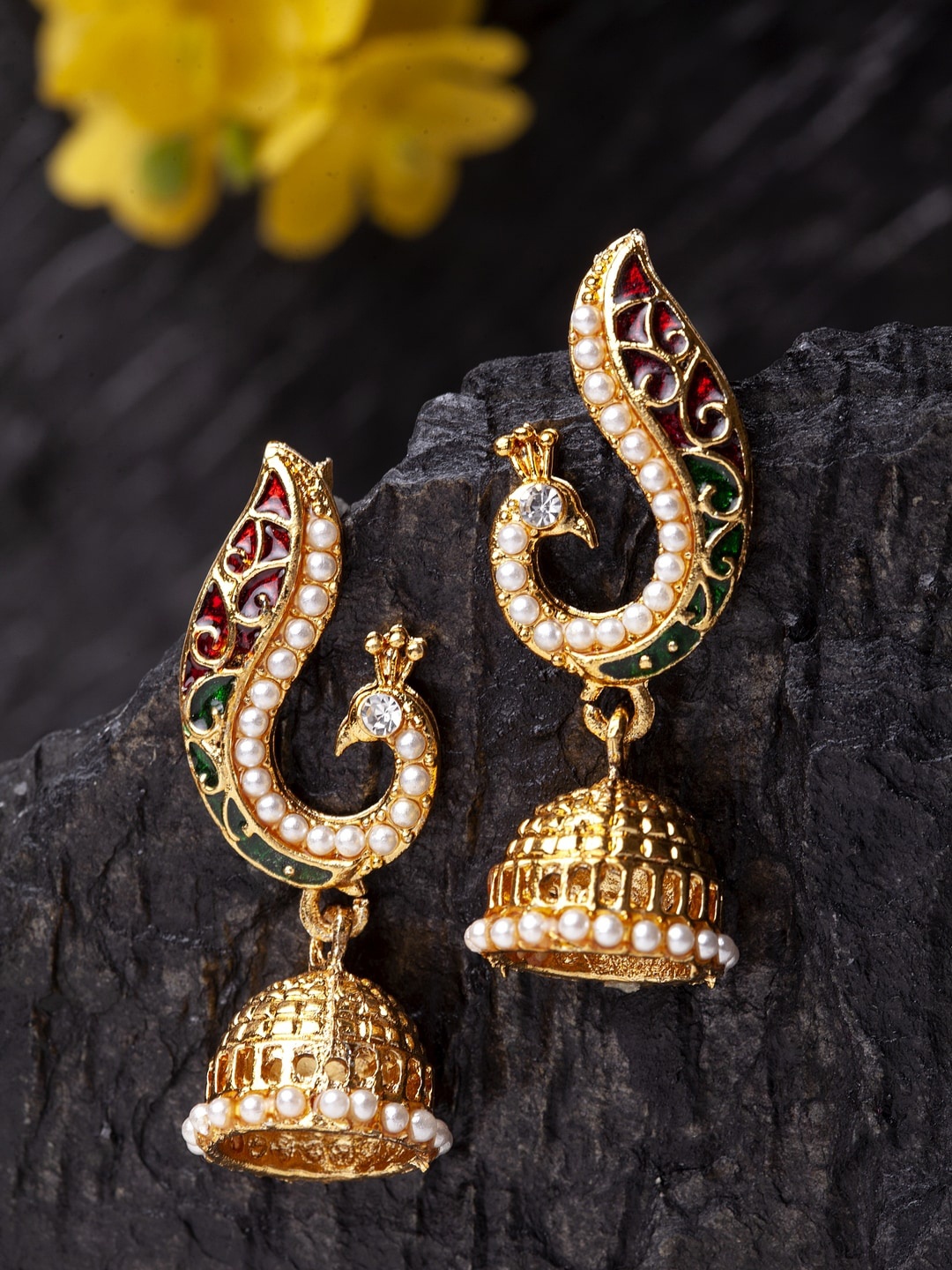 

ANIKAS CREATION Gold-Plated Peacock Shaped Jhumkas