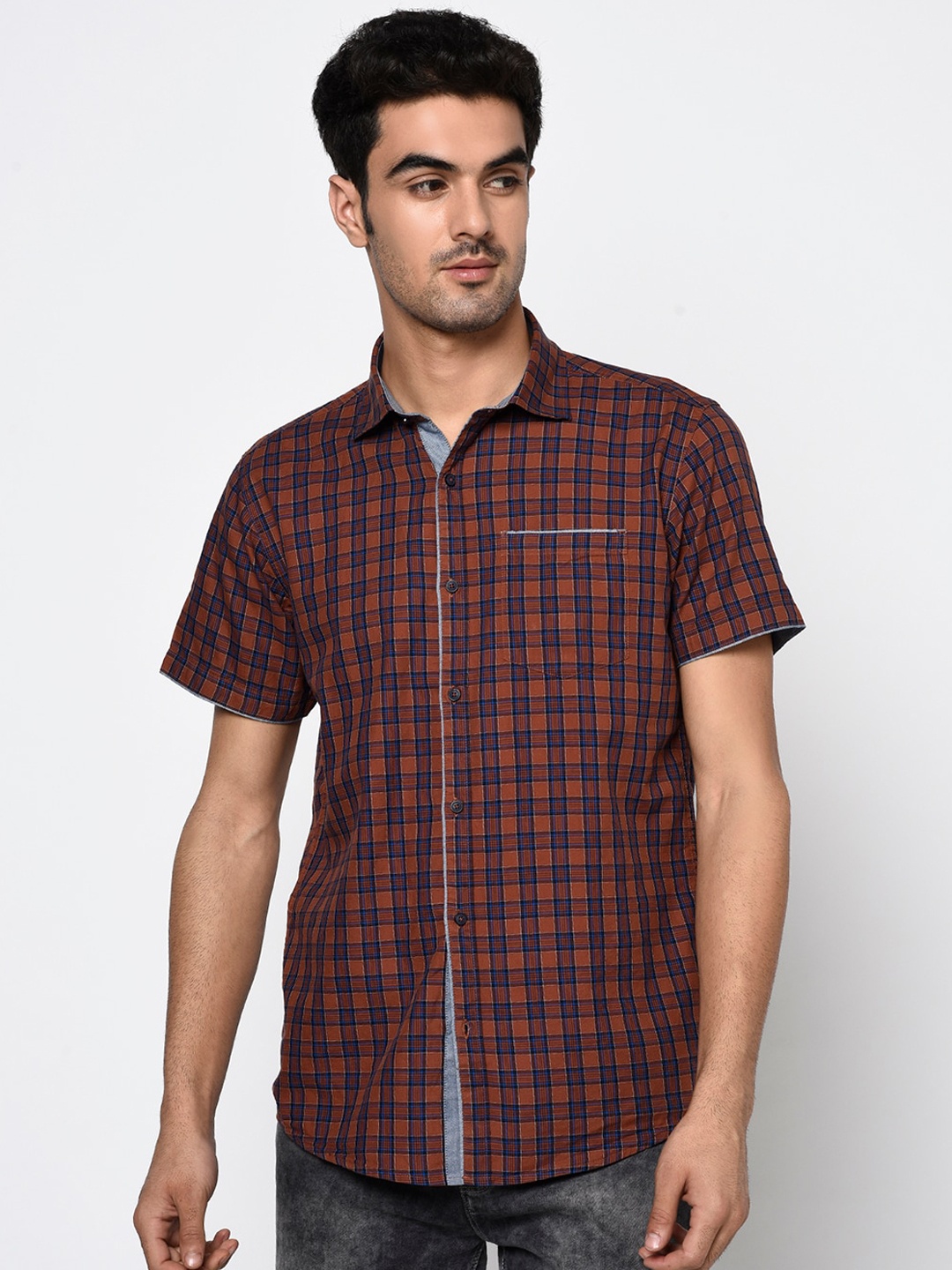

METTLE Men Rust Brown & Blue Regular Fit Checked Cotton Casual Shirt