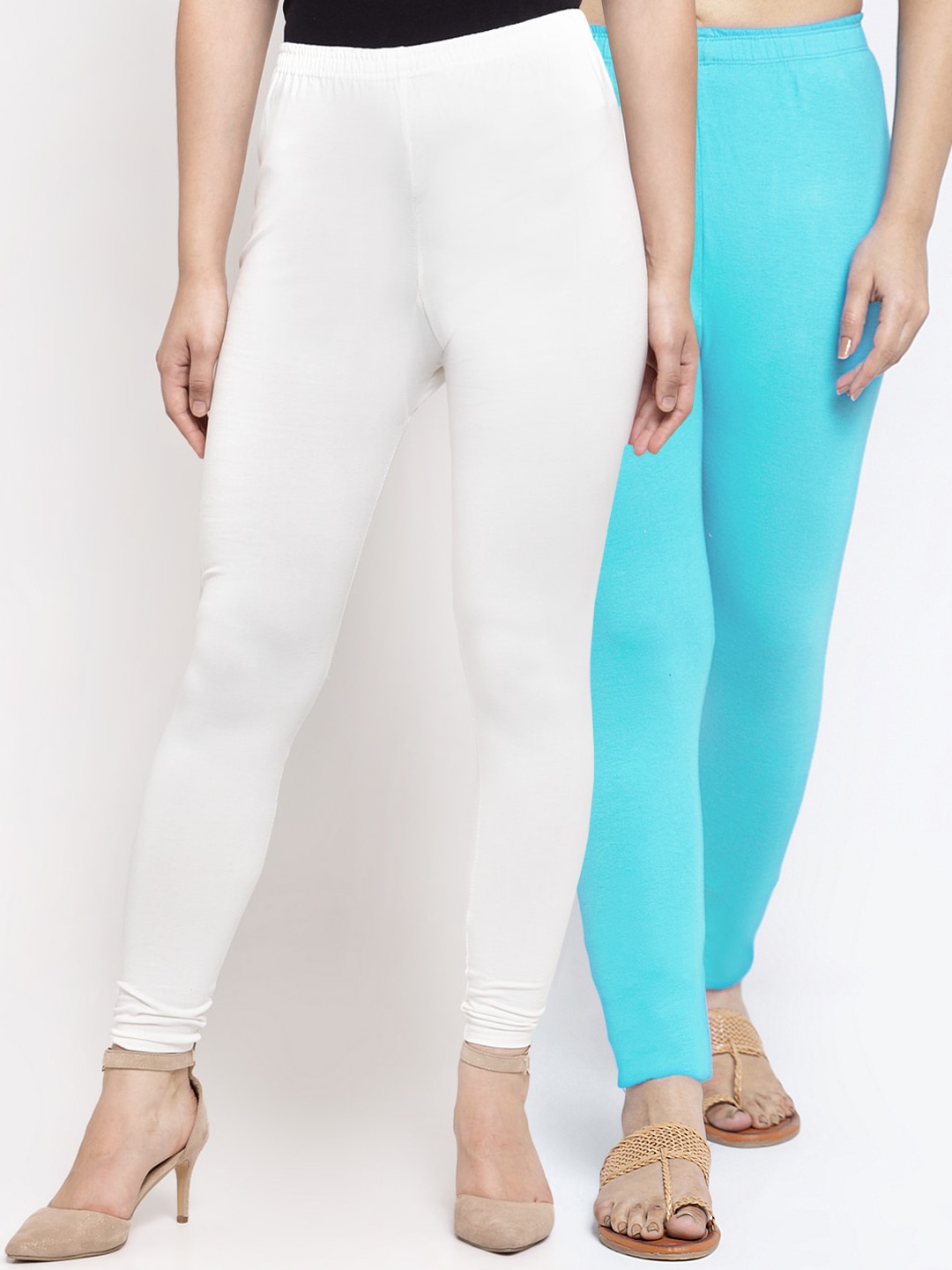 

GRACIT Women Pack Of 2 White & Turquoise Blue Solid Ankle-Length Leggings