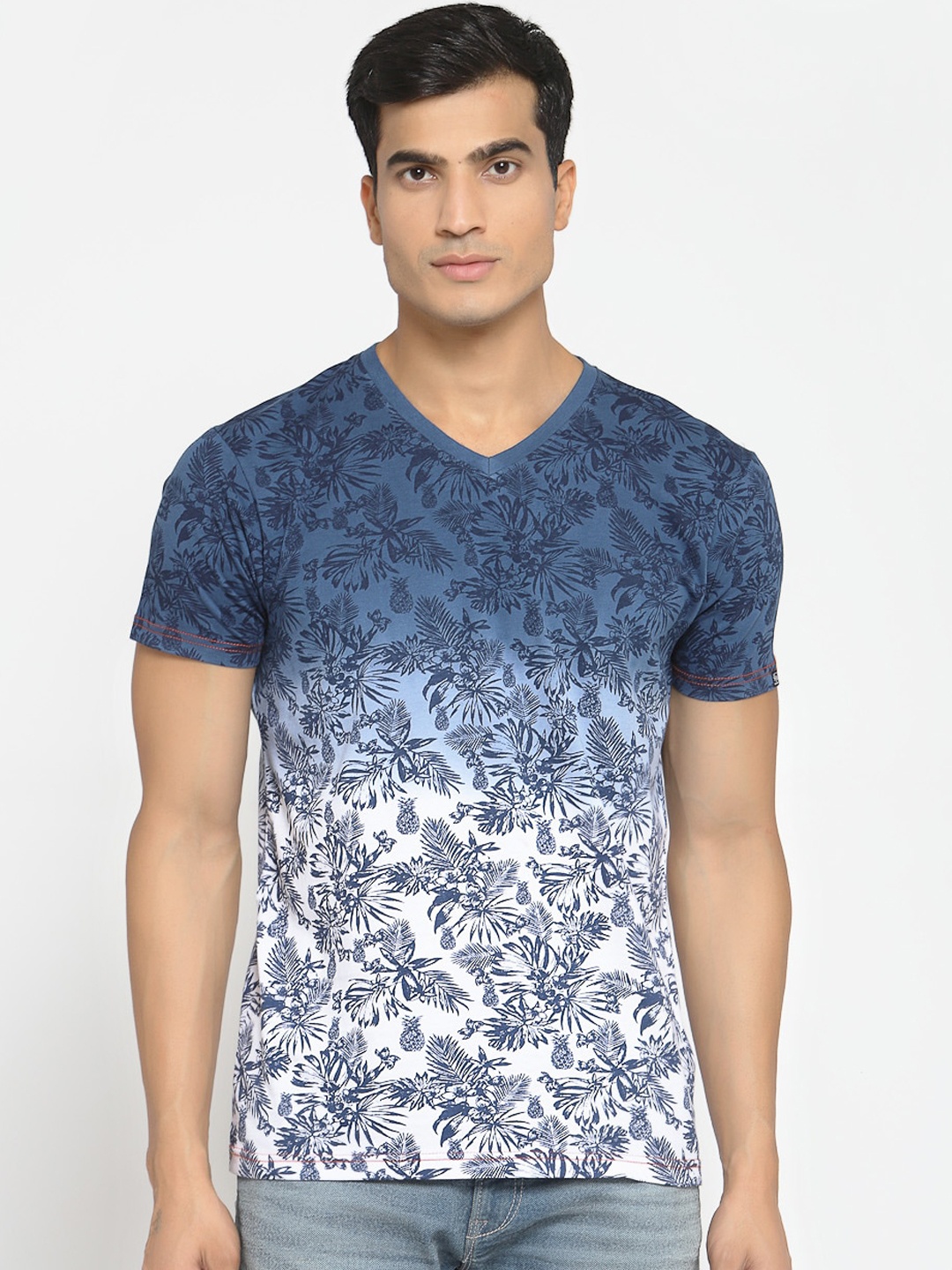Pepe Jeans Men Blue Printed V-Neck T-shirt