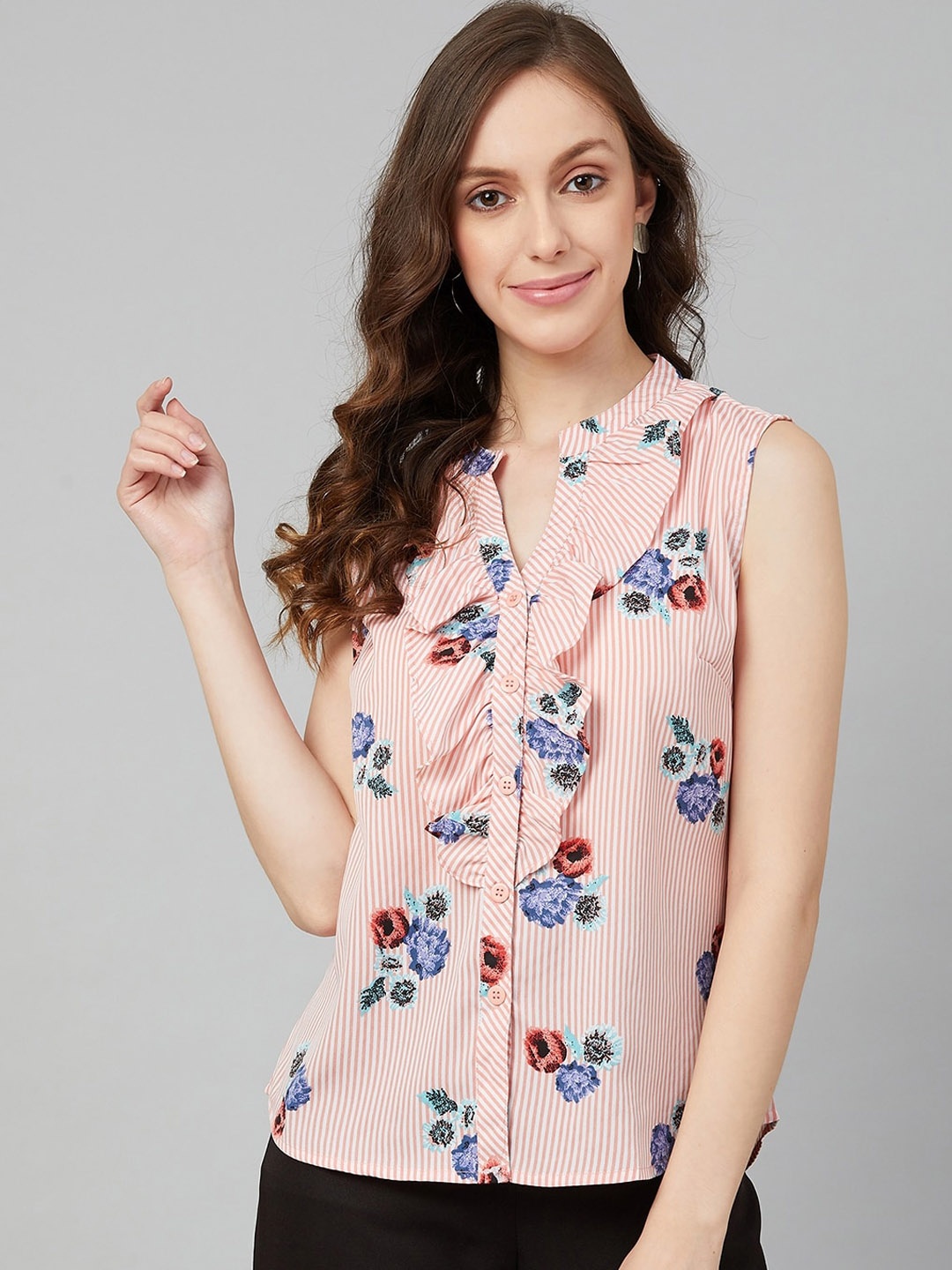 

RARE Peach-Coloured Floral Printed Mandarin Collar Chiffon Regular Top