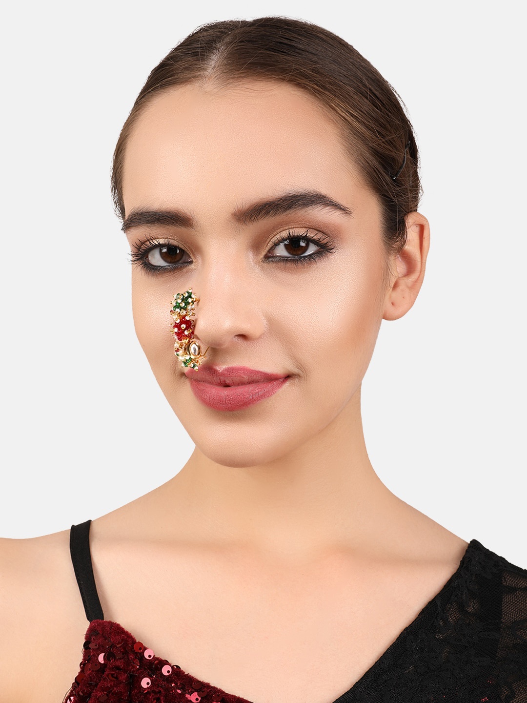 

JEWELS GEHNA Gold-Plated Red & Green Pearl & Beads Studded Maharashtrian Nath
