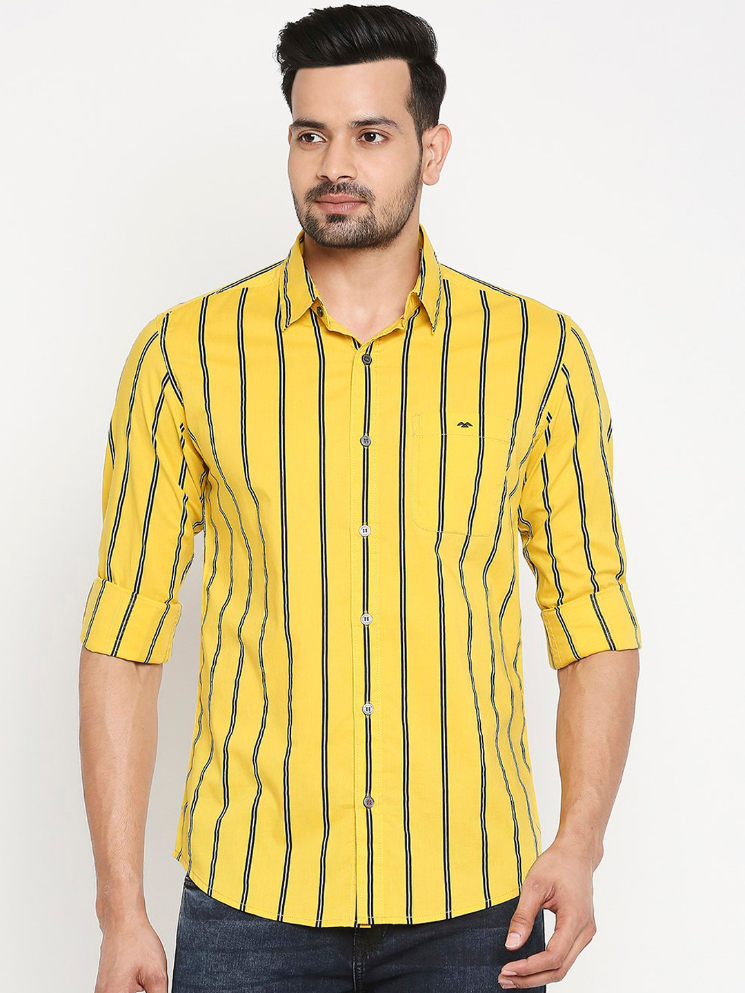 

Mufti Men Yellow & Blue Slim Fit Striped Cotton Casual Shirt