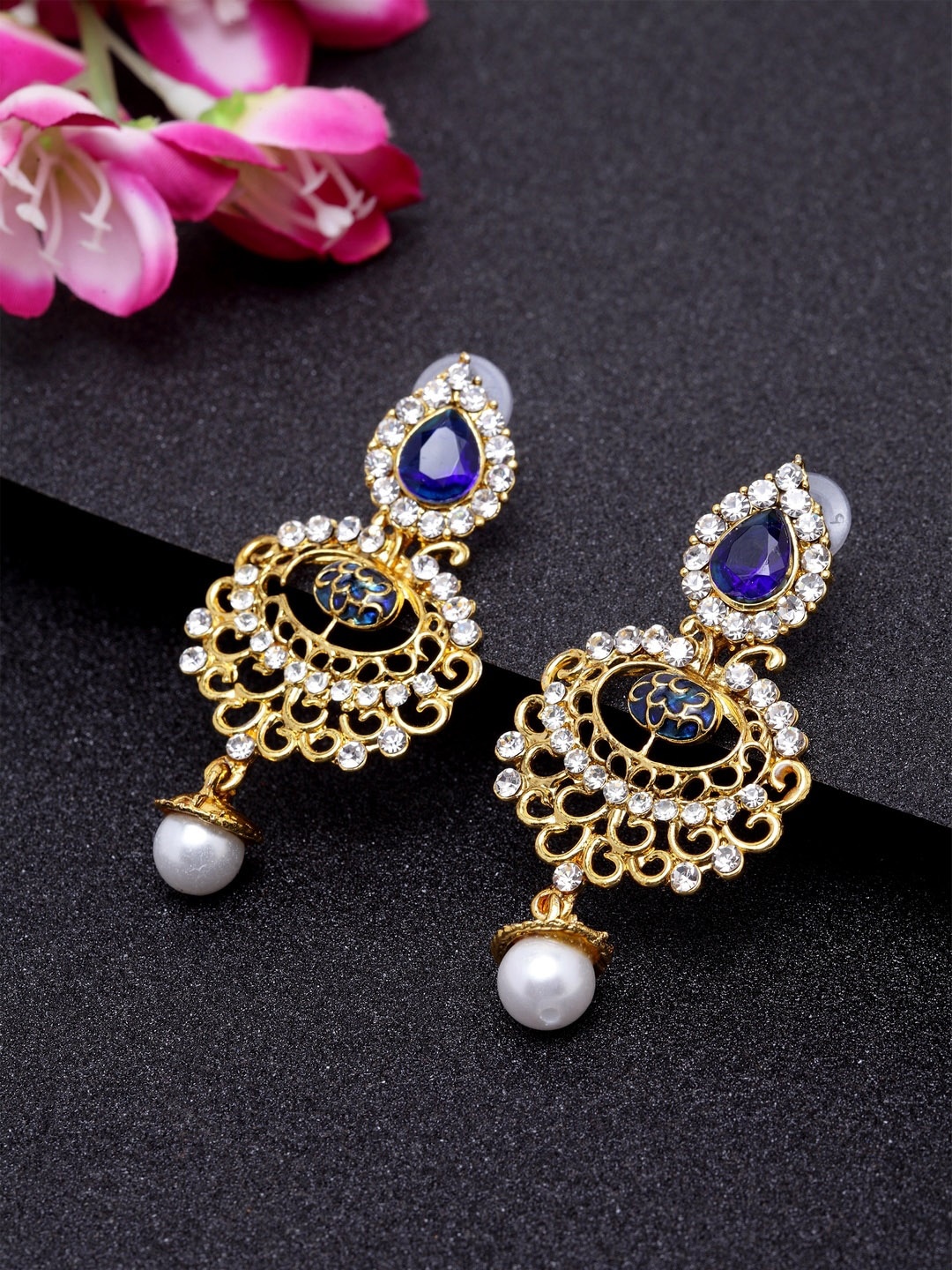 ANIKAS CREATION Blue Gold-Plated Lightweight Contemporary Drop Earrings