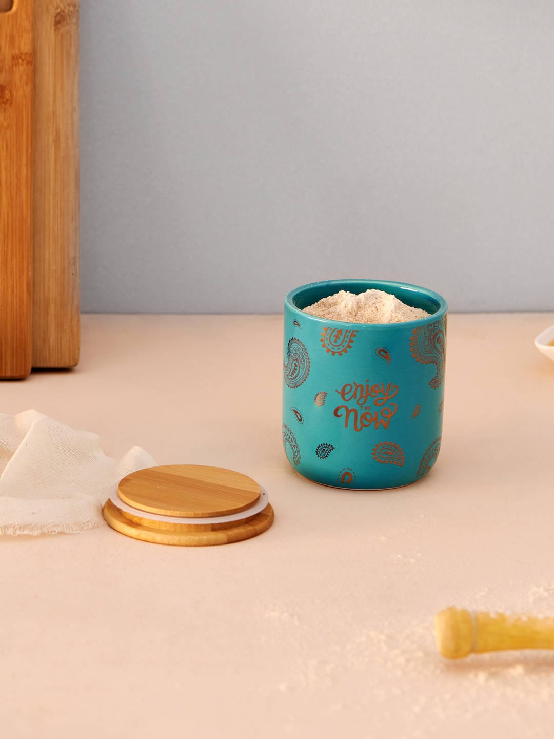 

Chumbak Turquoise Blue & Beige Printed Storage Jar