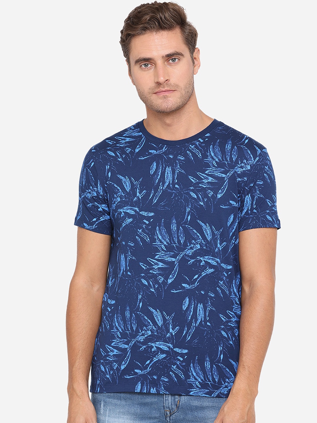 

JADE BLUE Men Navy Blue Printed Cotton Round Neck Pure Cotton T-shirt