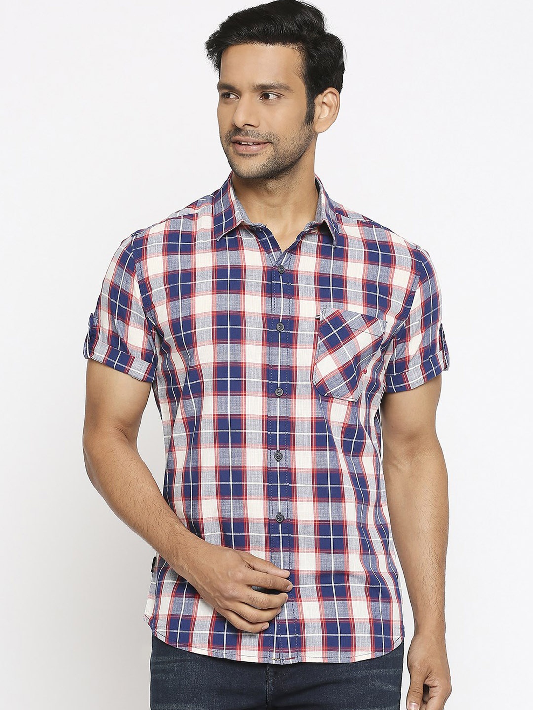 

Mufti Men Navy Blue & Red Slim Fit Checked Cotton Casual Shirt