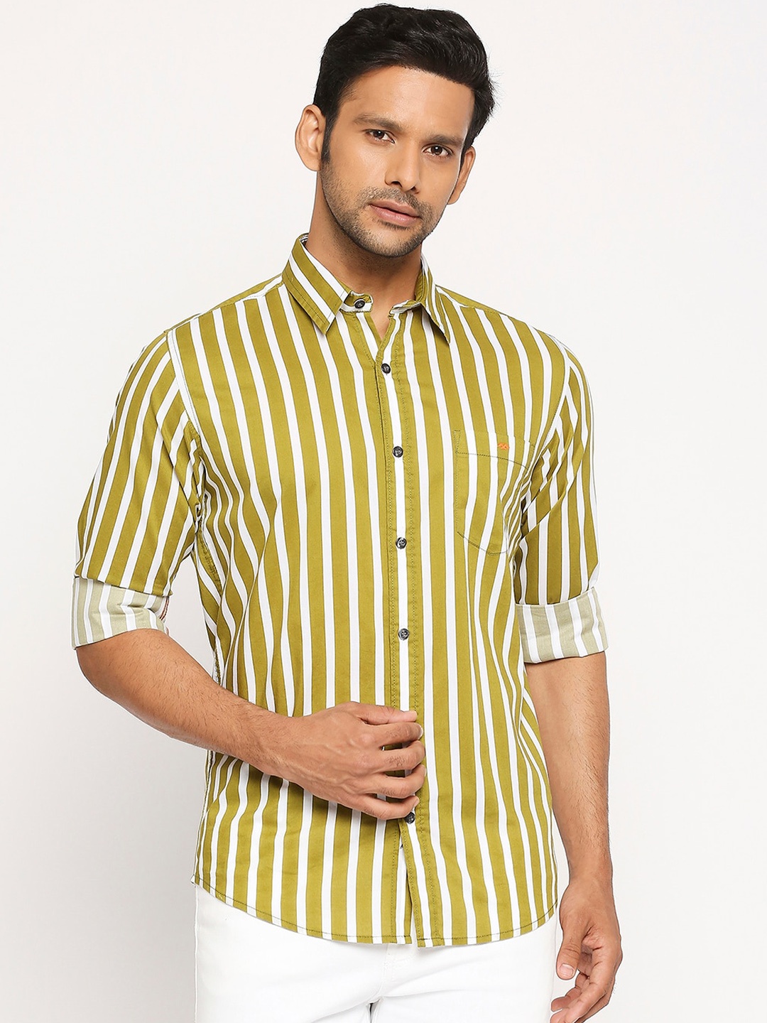 

Mufti Men Olive Green Slim Fit Striped Casual Shirt
