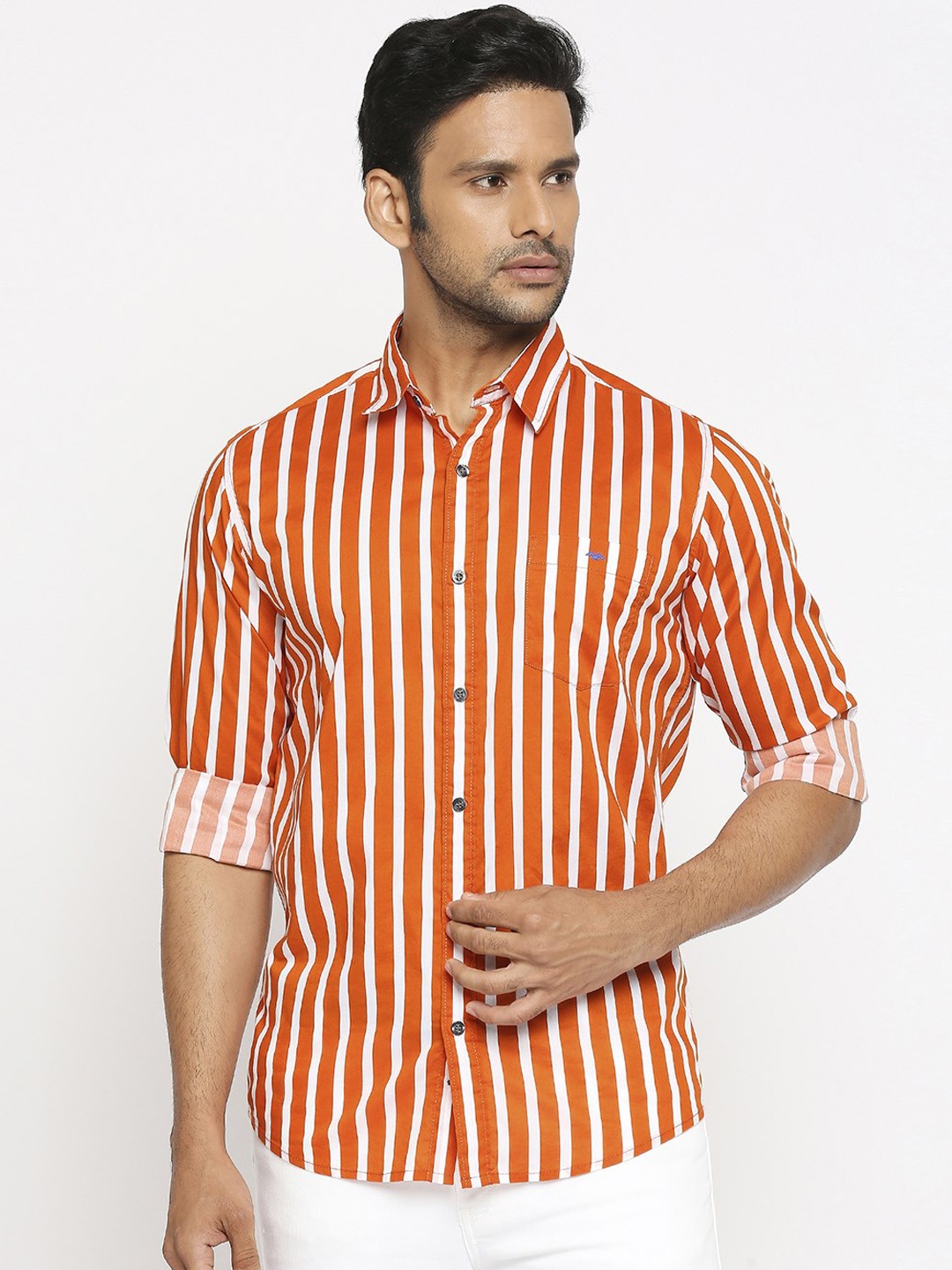 

Mufti Men Orange & White Slim Fit Striped Cotton Casual Shirt