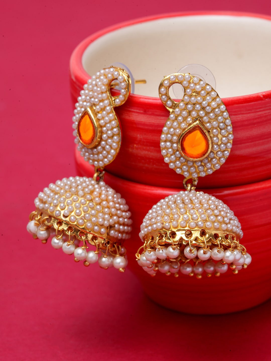 

ANIKAS CREATION Gold-Plated & Off-White Paisley Shaped Jhumkas