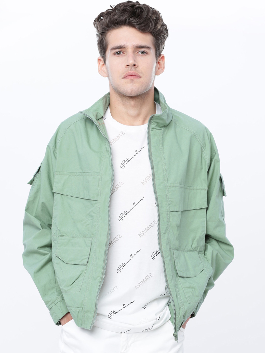

HIGHLANDER Men Green Solid Lightweight Bomber