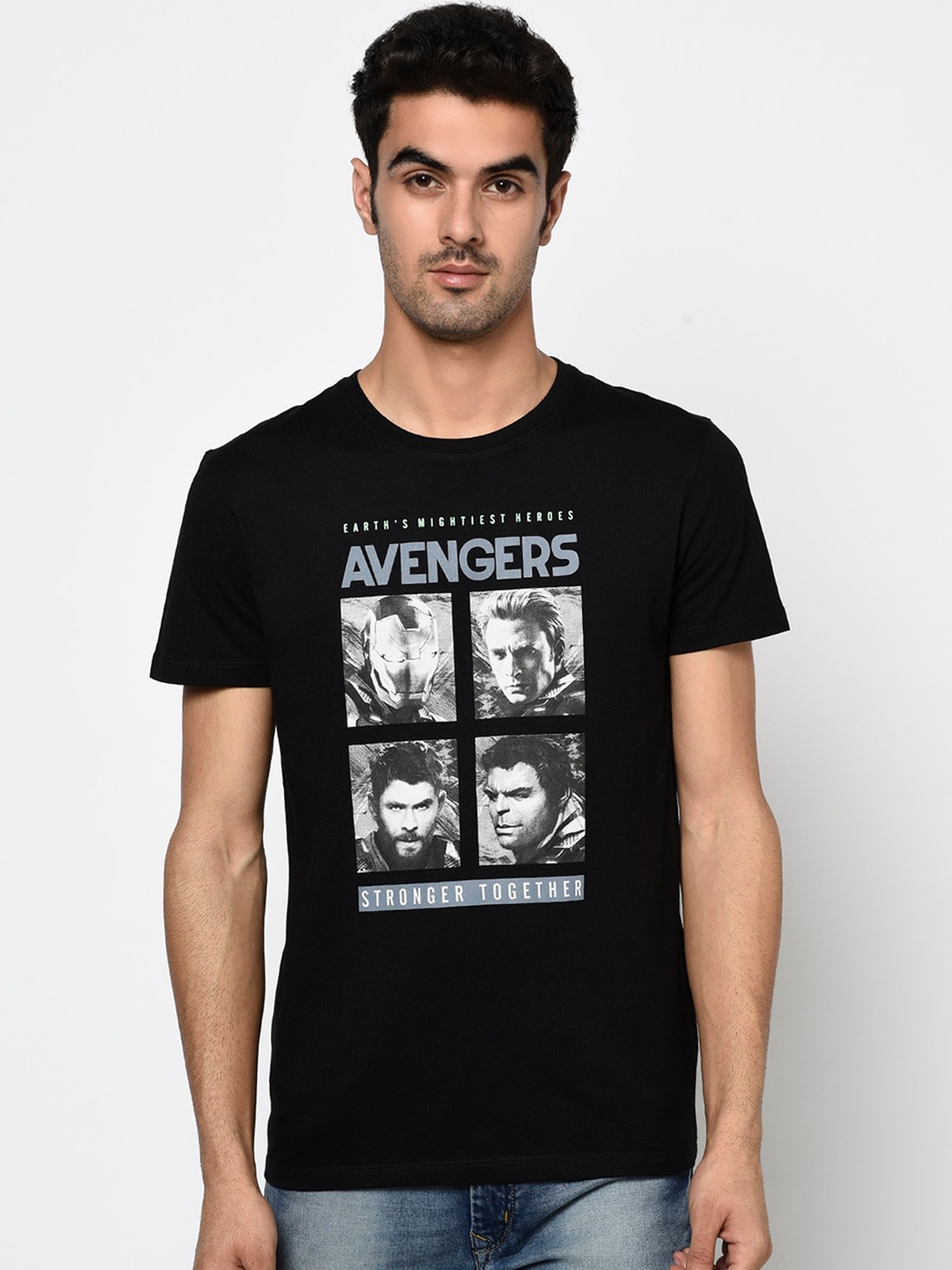 Octave Men Black Avengers Printed Round Neck T-shirt