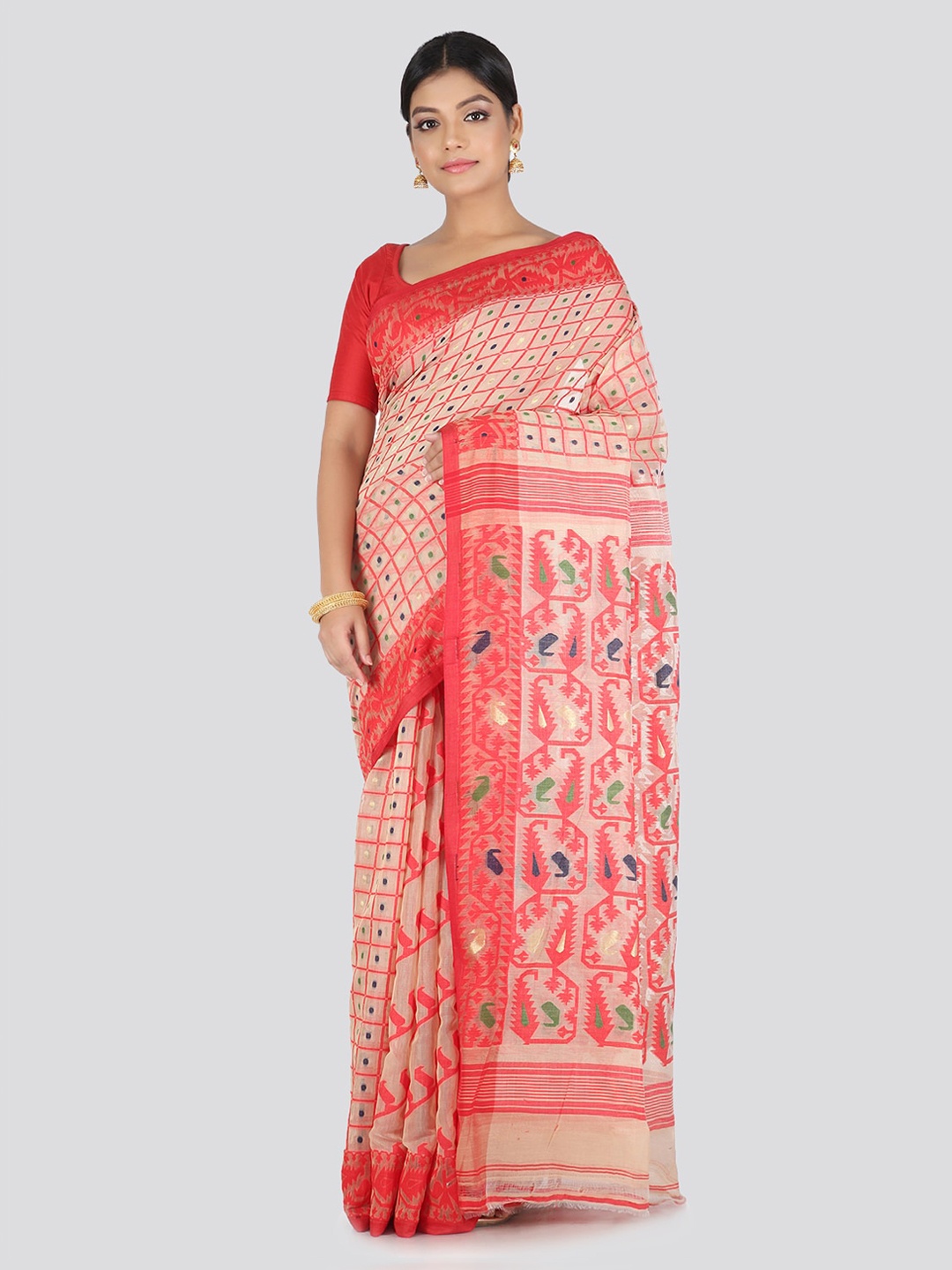 

PinkLoom Beige & Red Pure Cotton Woven Design Handloom Jamdani Saree