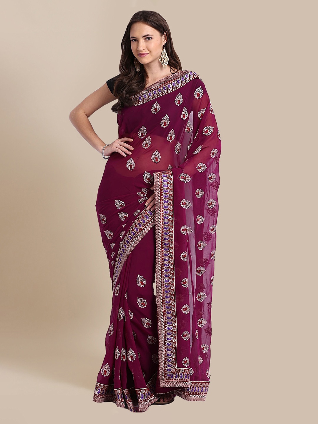 

Chhabra 555 Purple Embroidered Poly Georgette Saree