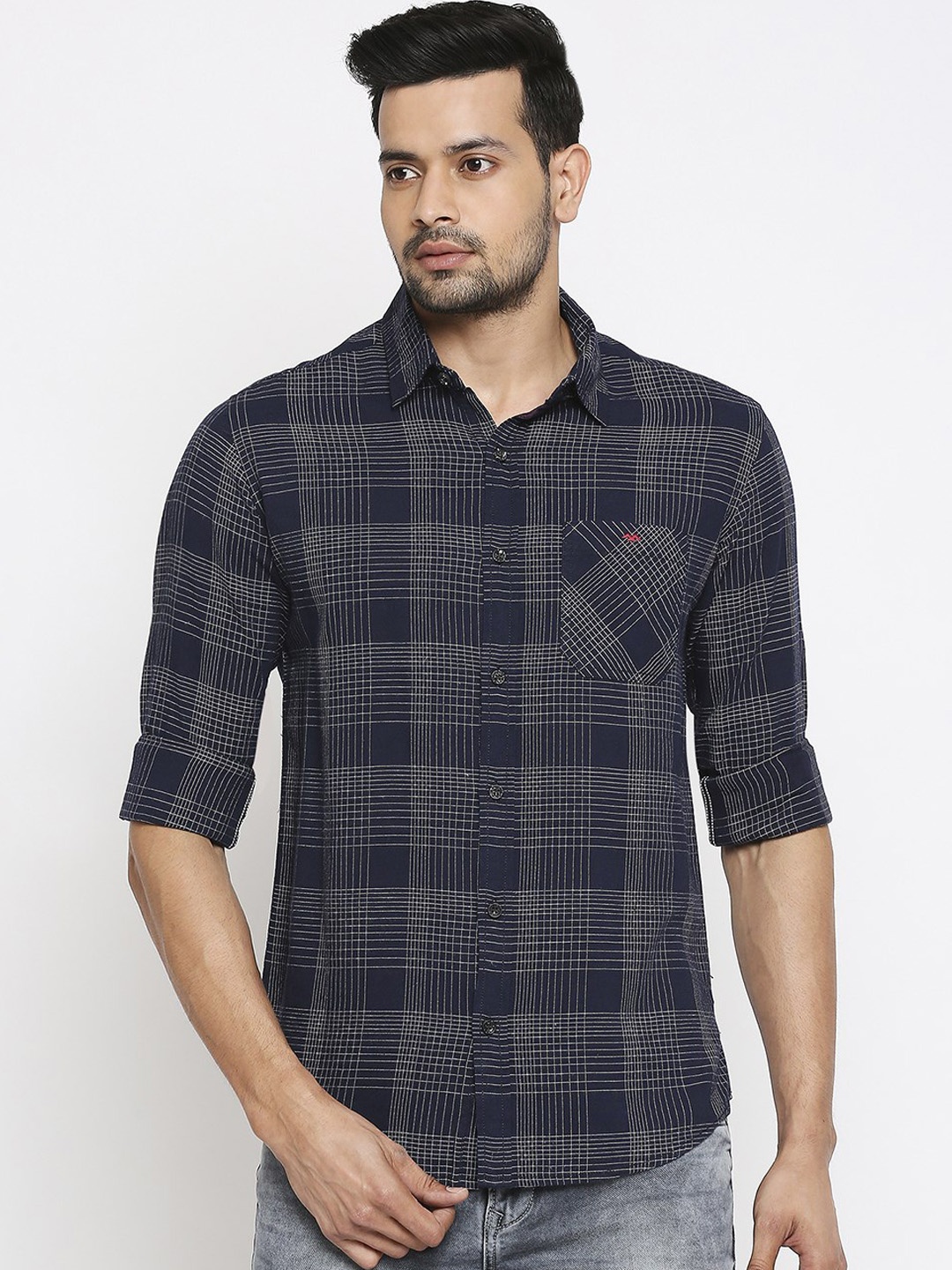 

Mufti Men Navy Blue Slim Fit Checked Casual Shirt