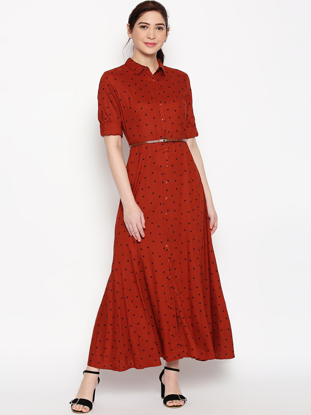 

Honey by Pantaloons Women Orange & Black Polka Dot Printed Maxi Dress