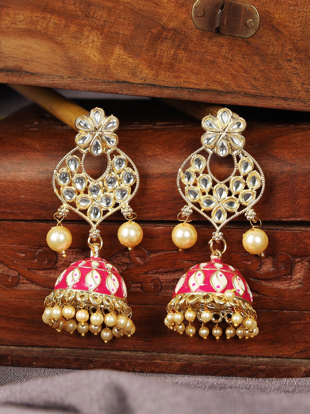 ANIKAS CREATION Gold-Plated Pink Meenakari Dome Shaped Jhumkas