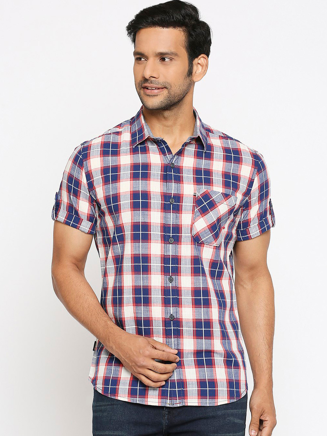 

Mufti Men Navy Blue & Red Slim Fit Checked Cotton Casual Shirt