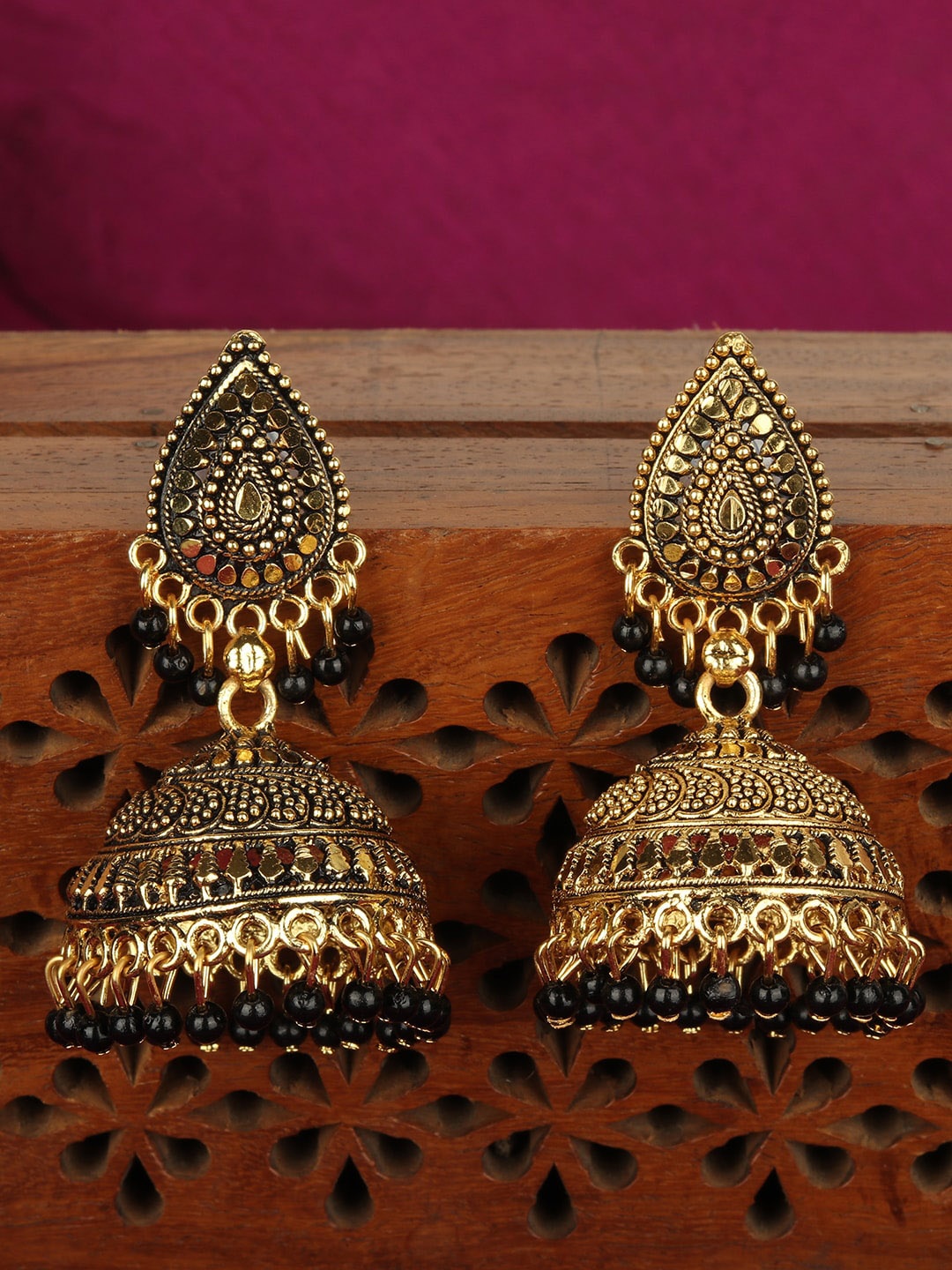 ANIKAS CREATION Gold-Plated Enamelled Dome Shaped Jhumkas