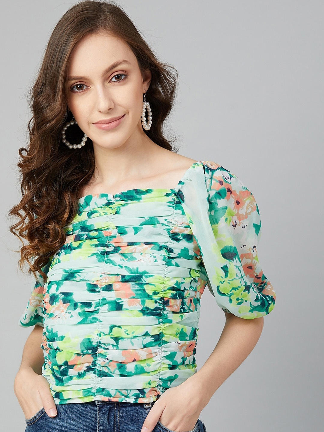 

RARE Green & Pink Floral Printed Puff Sleeves Georgette Fitted Top