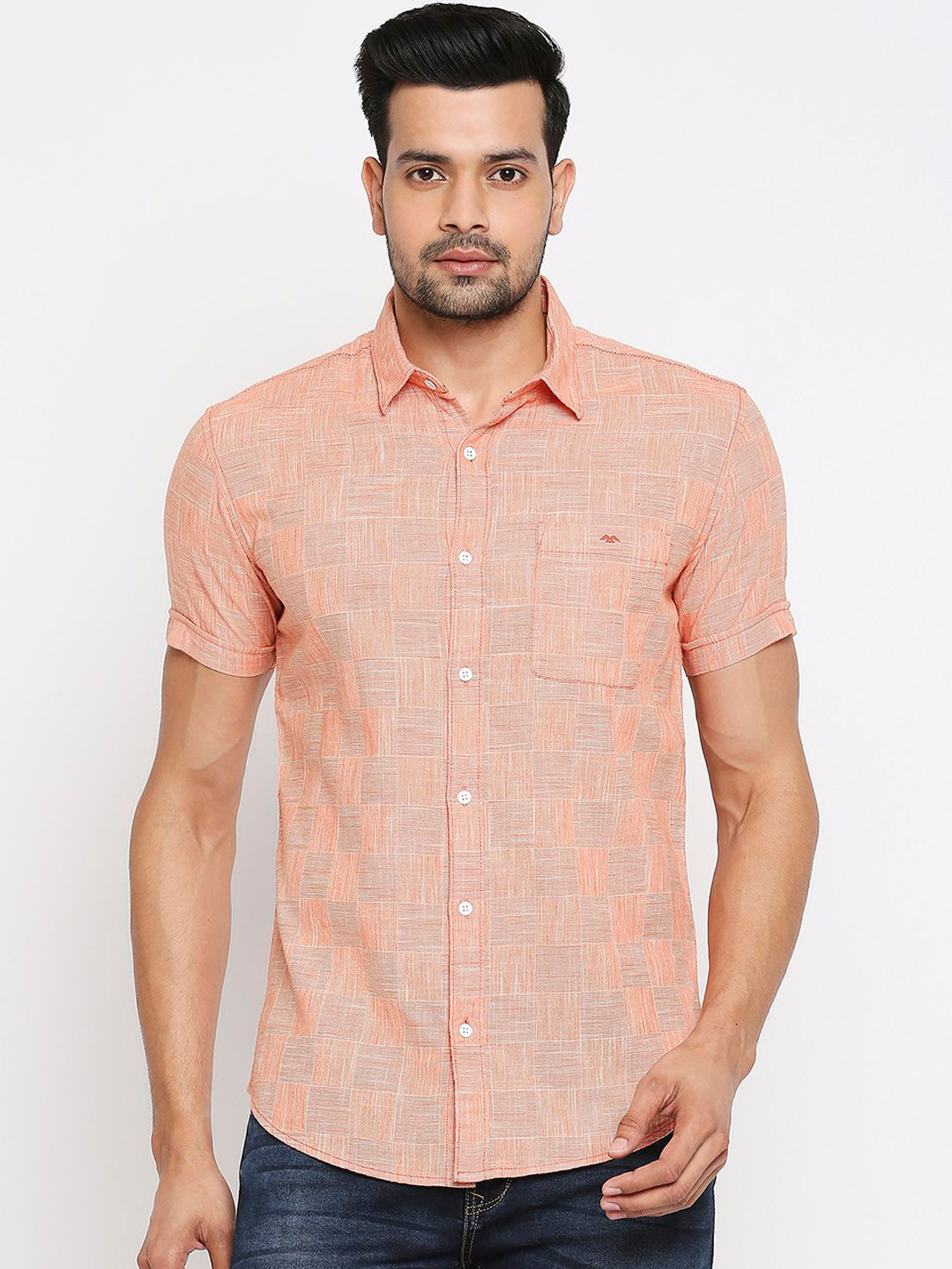 

Mufti Men Orange & White Slim Fit Checked Pure Cotton Casual Shirt