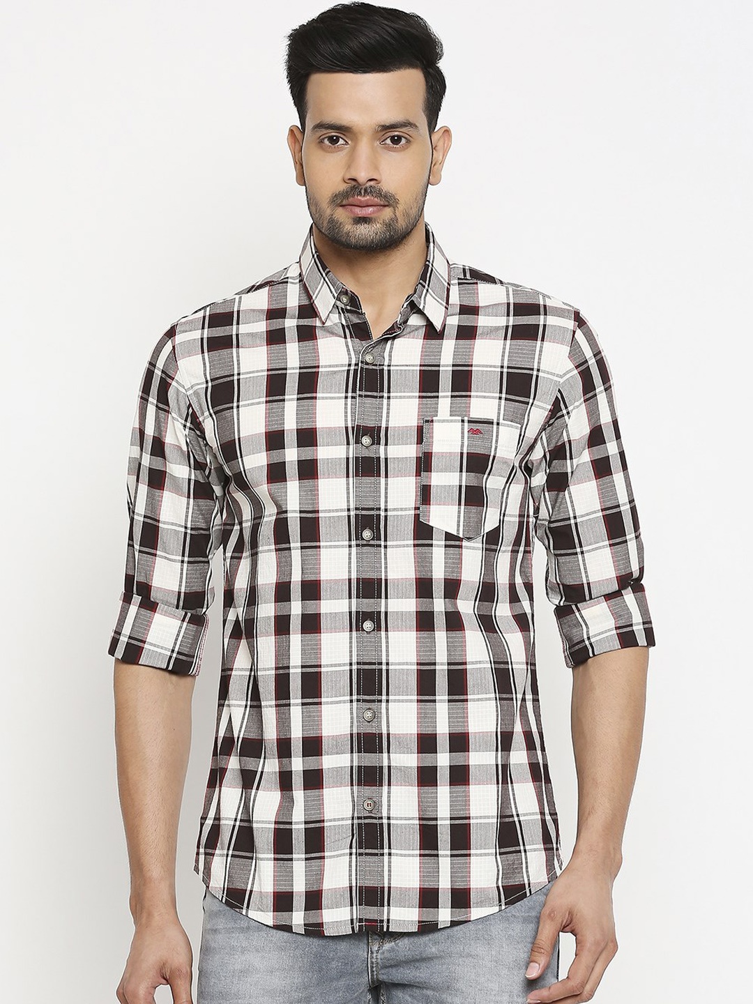 

Mufti Men White & Brown Slim Fit Checked Casual Shirt