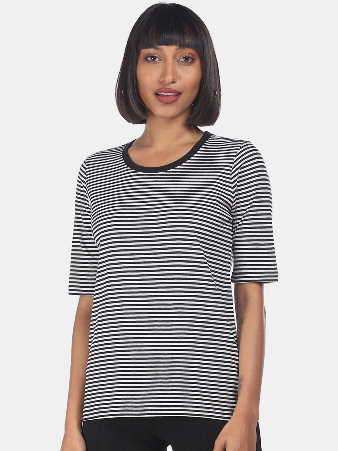 

Cherokee Black & White Striped Monochrome Pure Cotton Regular Top