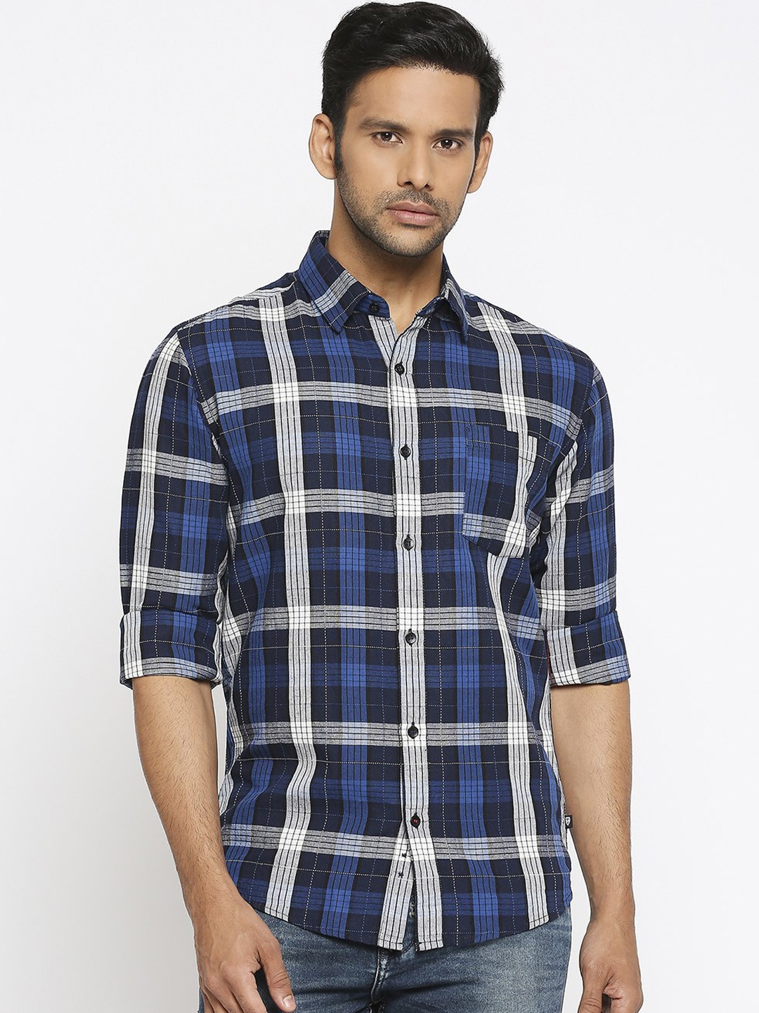 

Mufti Men Blue & White Slim Fit Checked Casual Shirt