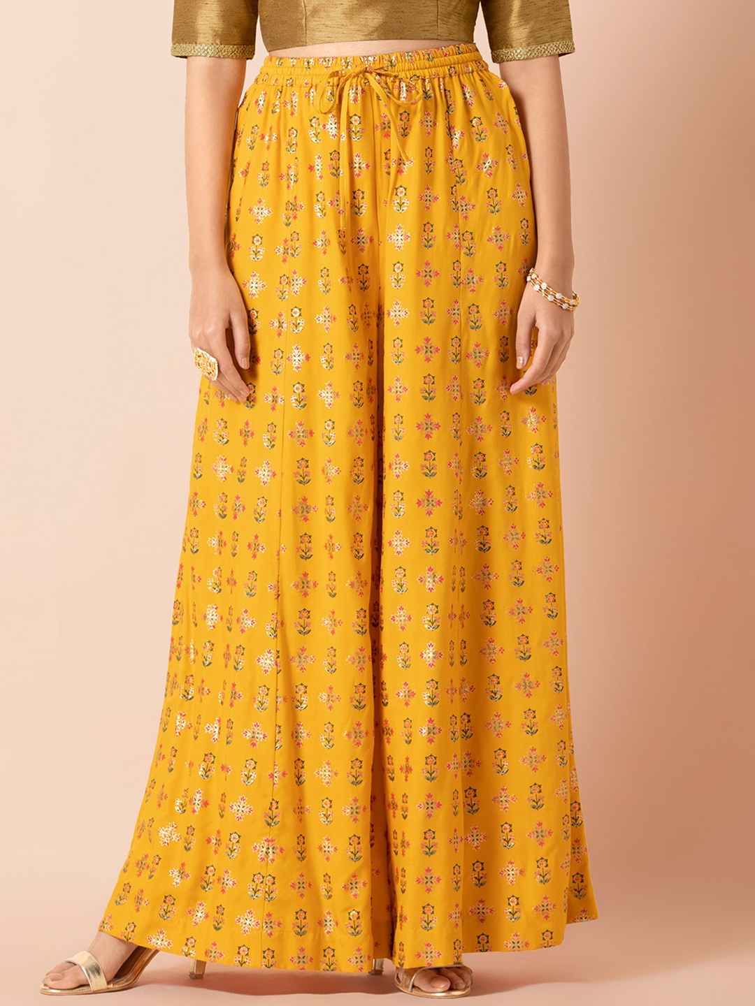 

INDYA Women Yellow & Pink Printed Flared Palazzos