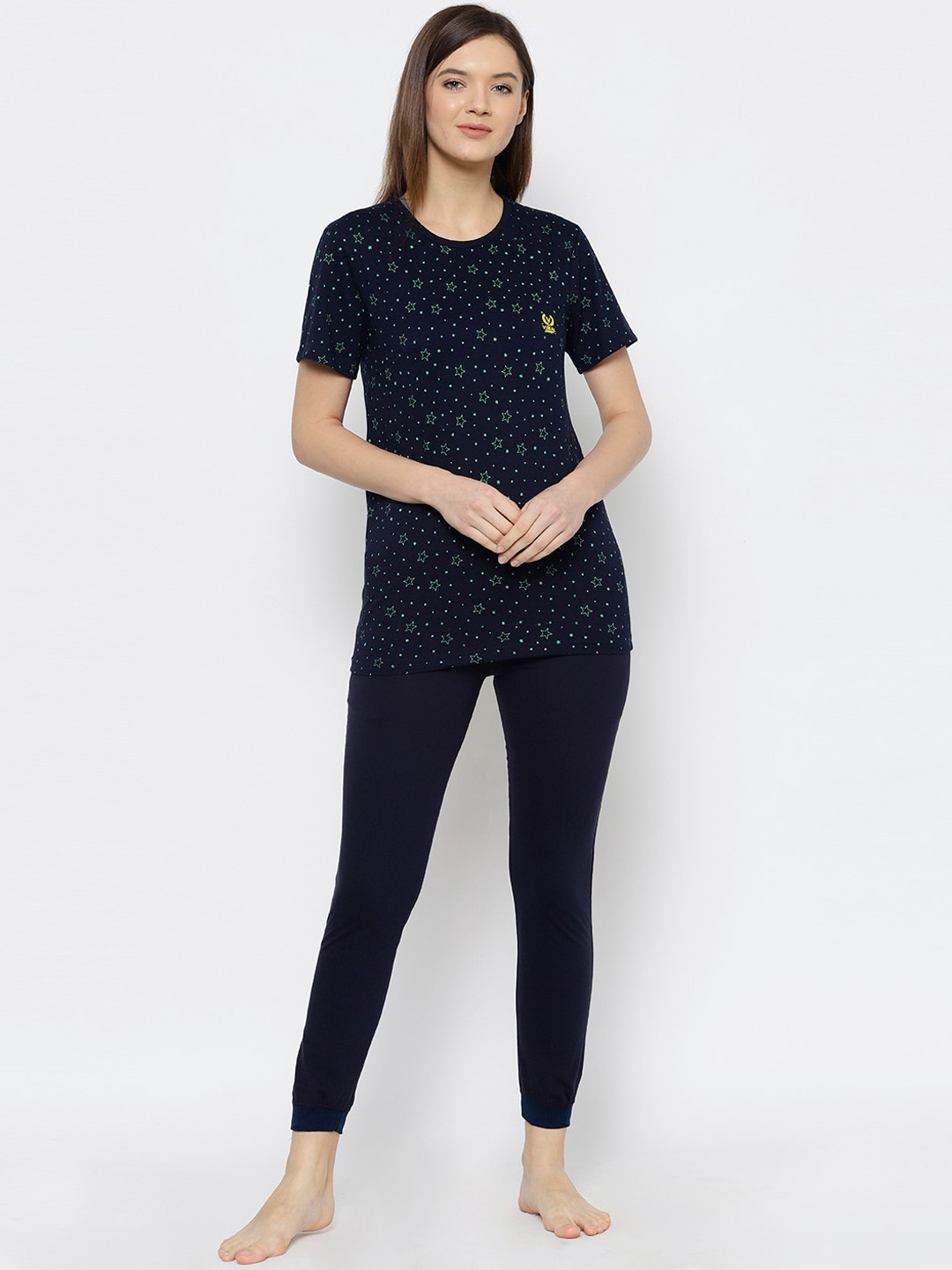 

VIMAL JONNEY Women Navy Blue & Sea Green Printed Night suit