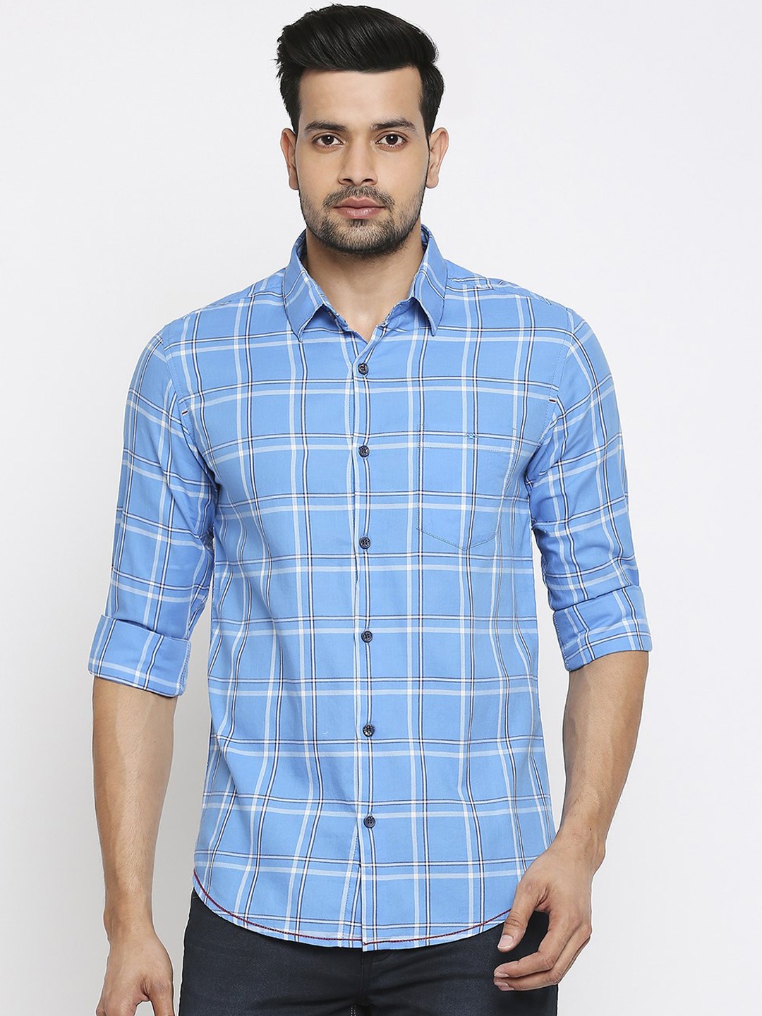 

Mufti Men Turquoise Blue Slim Fit Checked Casual Shirt