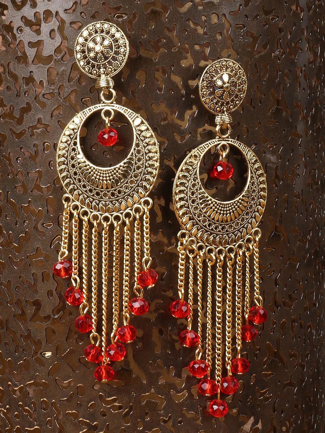 

ANIKAS CREATION Red Gold Plated Contemporary Drop Earrings