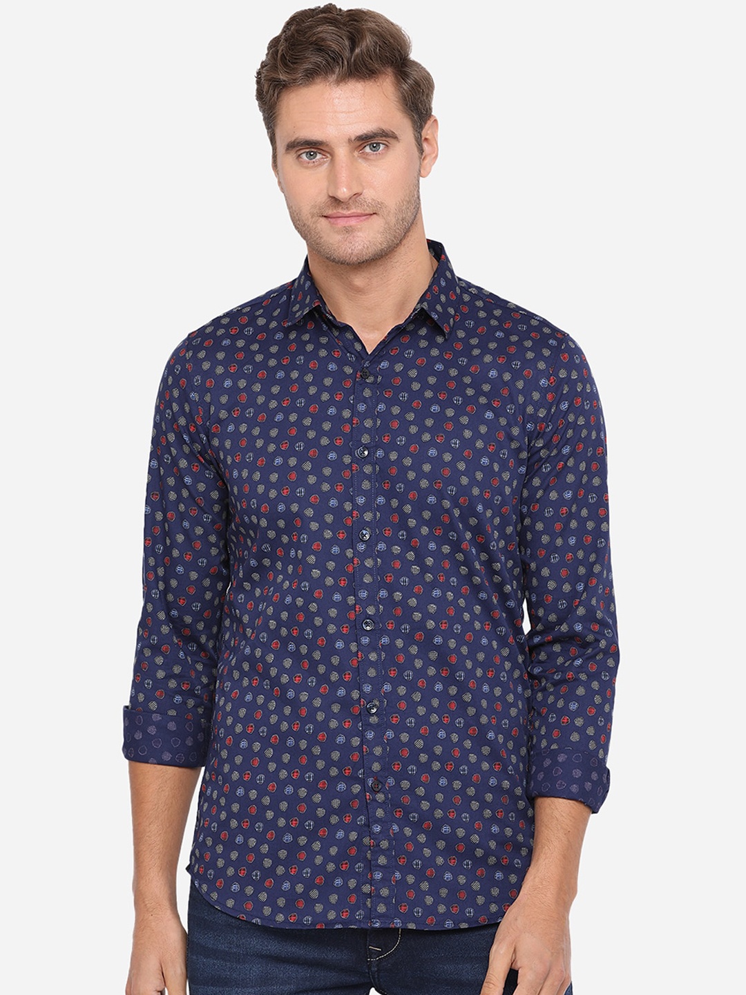 

JADE BLUE Men Navy Blue Slim Fit Printed Cotton Casual Shirt
