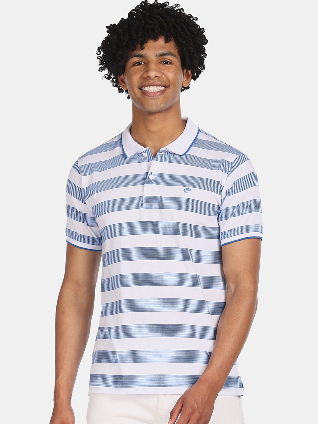

Ruggers Men Blue Striped Polo Collar T-shirt