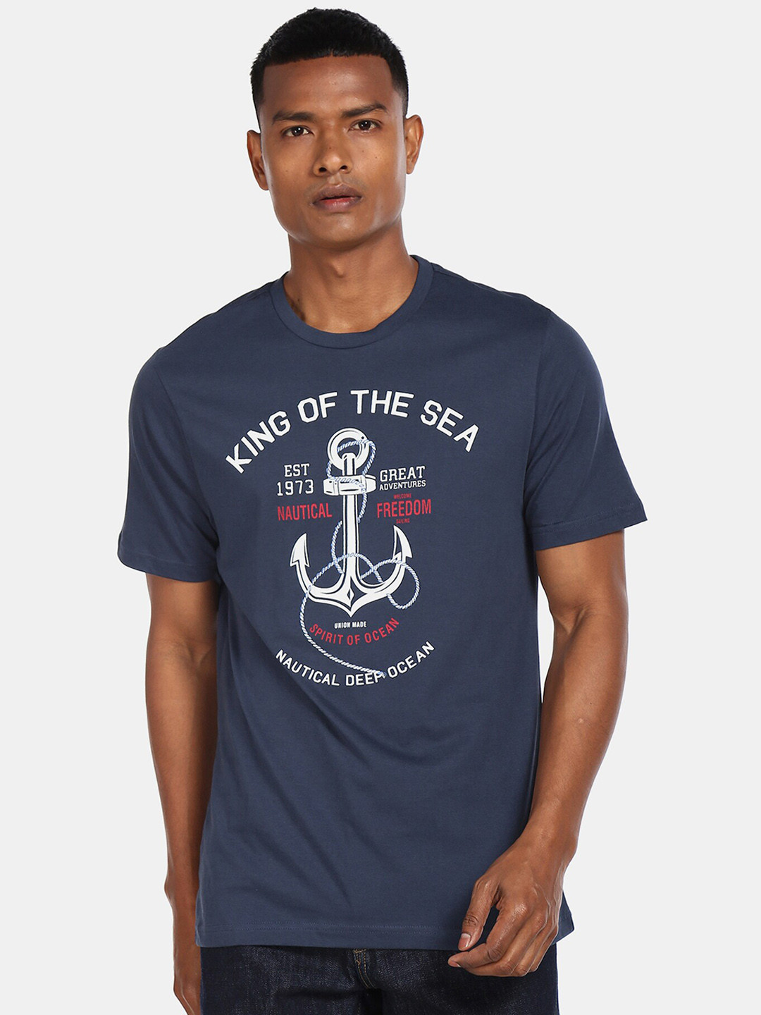 

Cherokee Men Navy Blue Printed Round Neck Cotton Pure Cotton T-shirt