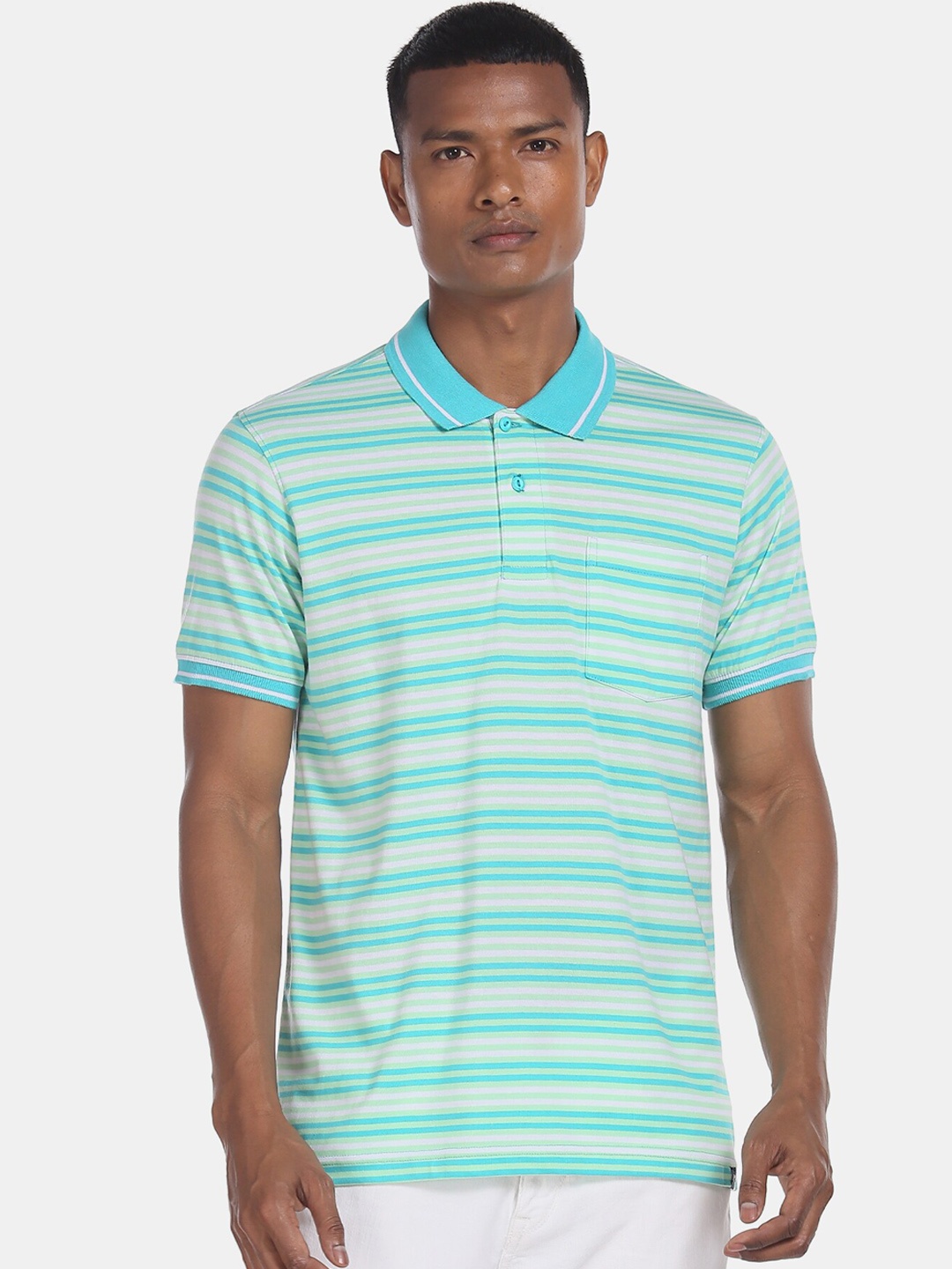 

Ruggers Men Turquoise Blue & Green Striped Polo Collar T-shirt