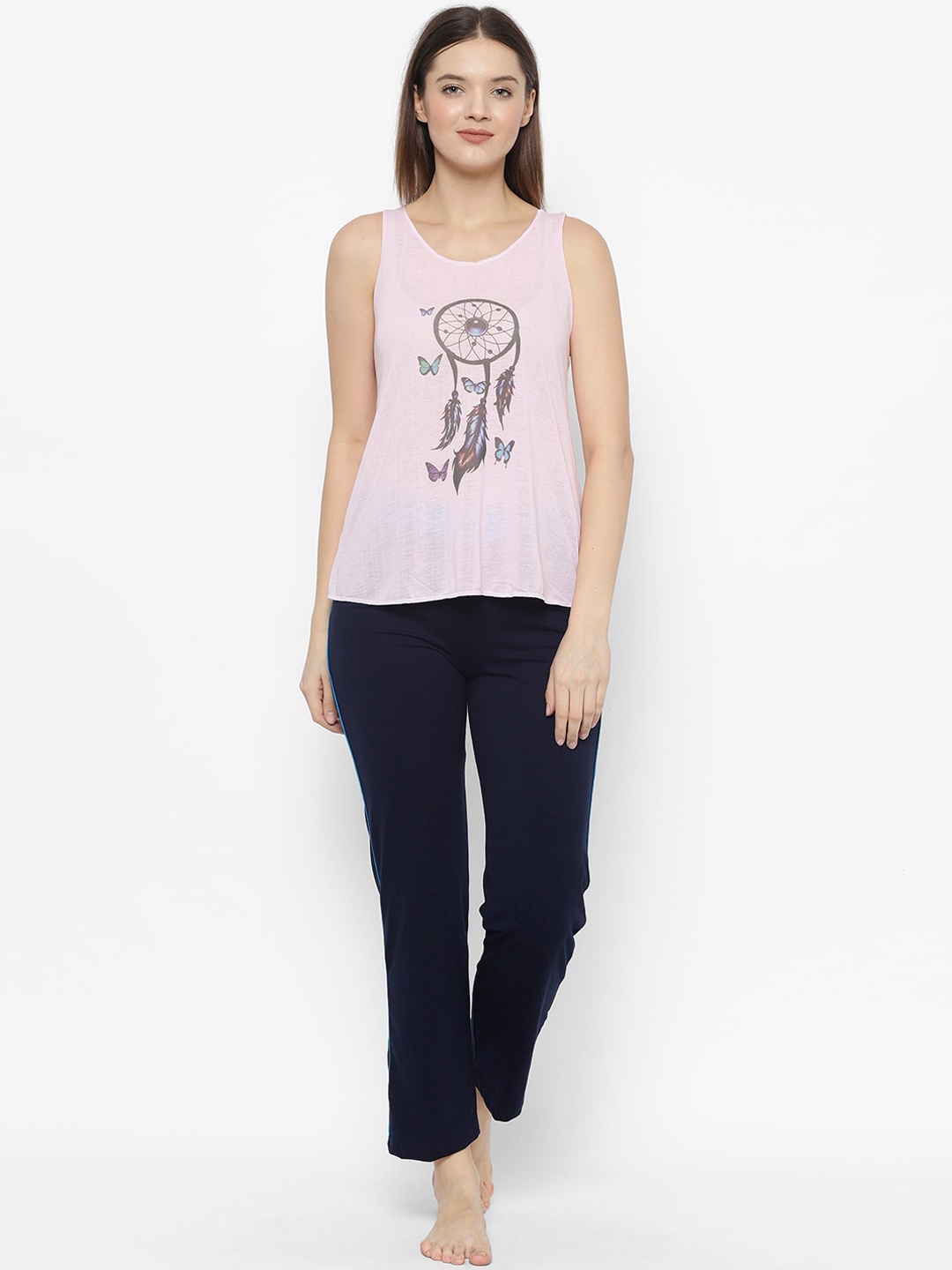 VIMAL JONNEY Women Pink & Navy Blue Printed Night suit