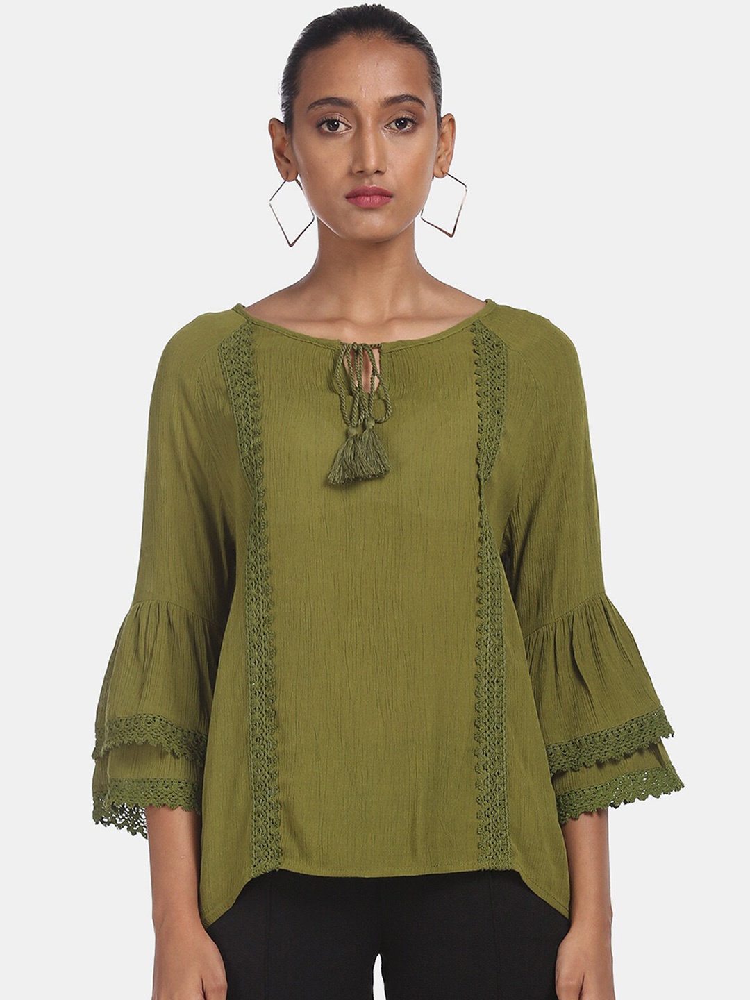 

Cherokee Green Tie-Up Neck Bell Sleeves Regular Top