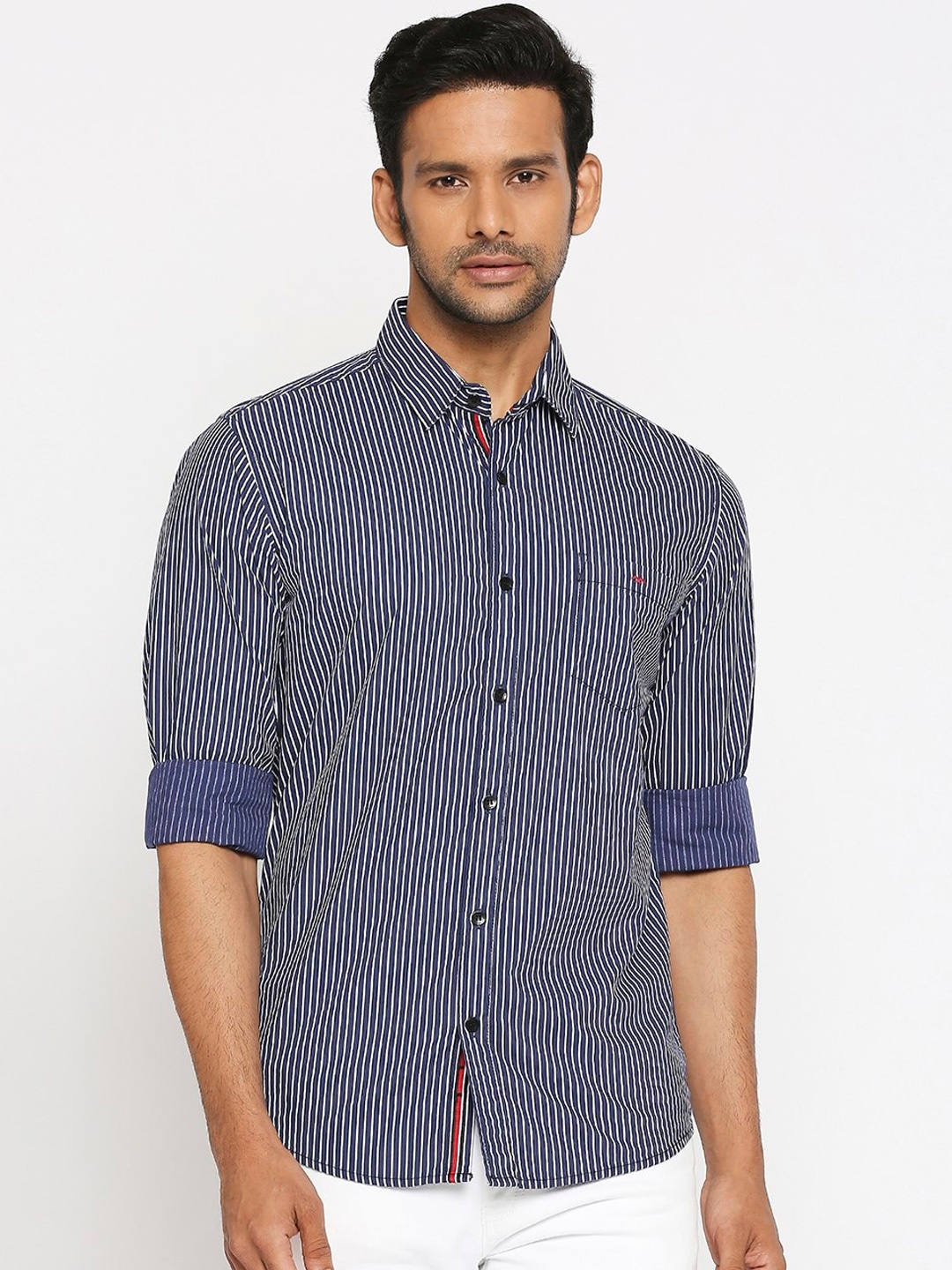

Mufti Men Navy Blue Slim Fit Striped Casual Shirt
