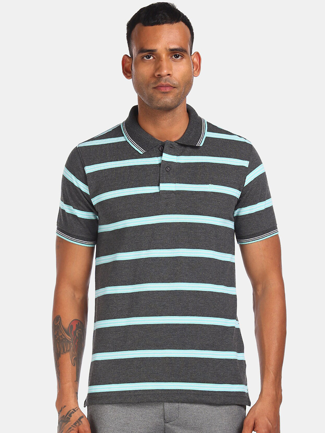 

Ruggers Men Charcoal Grey Striped Polo Collar T-shirt