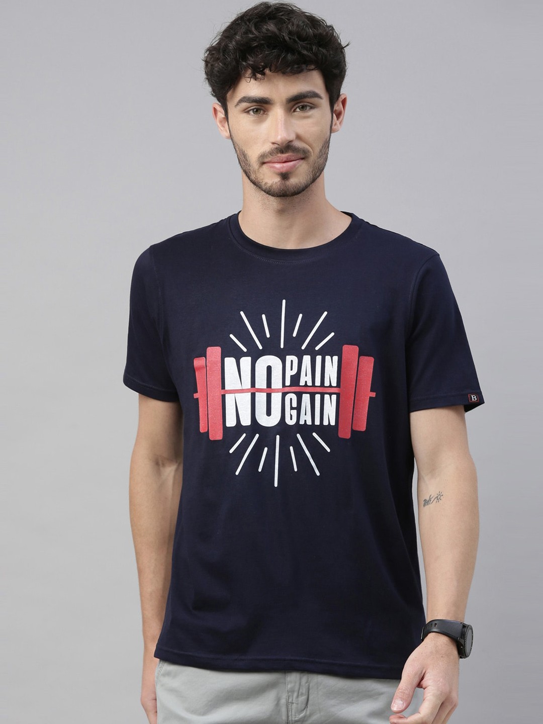 

Bushirt Men Navy Blue Printed Round Neck Pure Cotton T-shirt