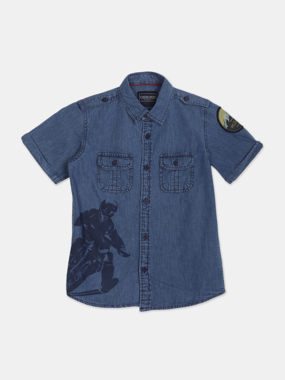

Cherokee Boys Navy Blue Solid Cotton Denim Casual Shirt with Placement Print Detail