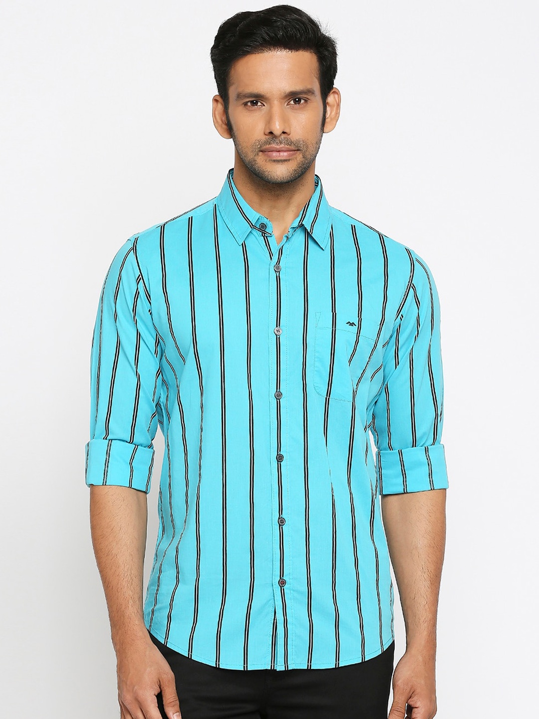 

Mufti Men Turquoise Blue Slim Fit Striped Casual Shirt