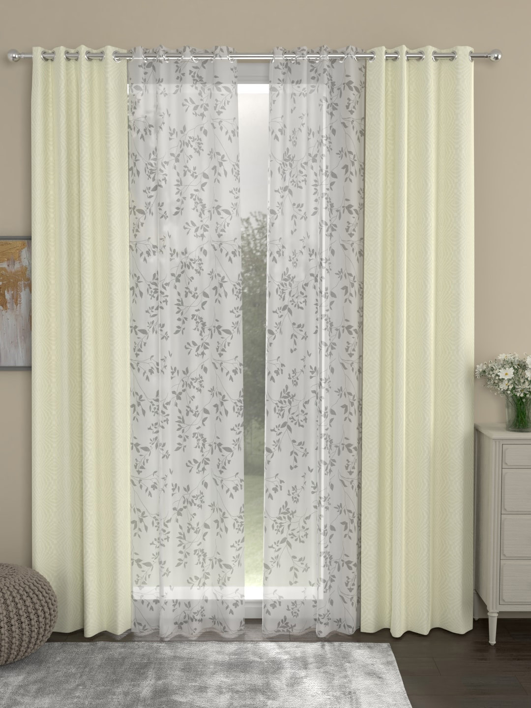 

ROSARA HOME Cream-Coloured & White Set of 4 Door Curtains