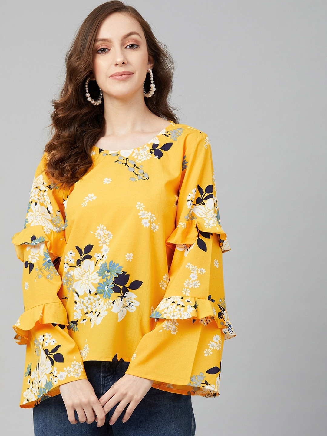 

RARE Yellow Floral Printed Bell Sleeves Crepe Regular Top