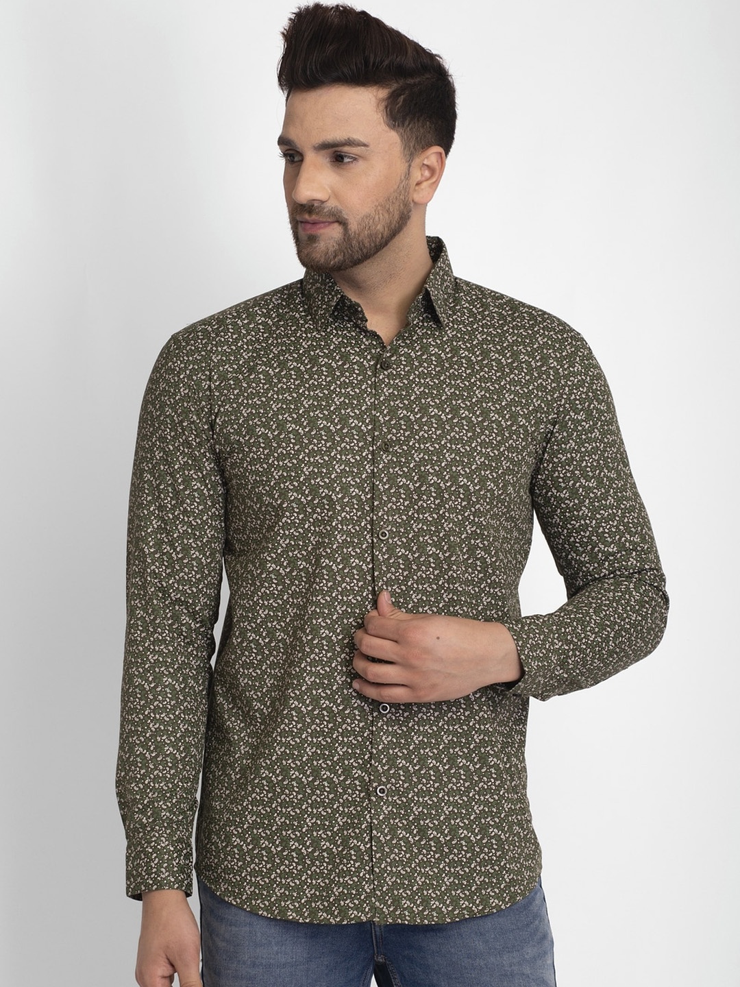 

JAINISH Men Olive Green Regular Fit Printed Cotton Casual Shirt
