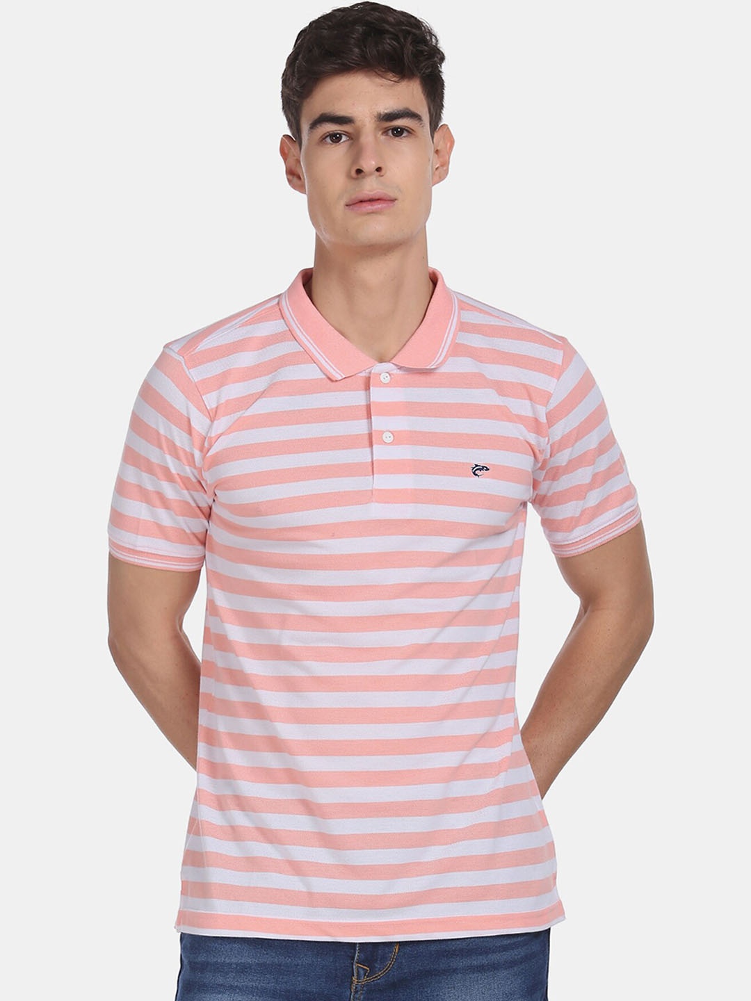 

Ruggers Men Peach-Coloured Striped Polo Collar T-shirt