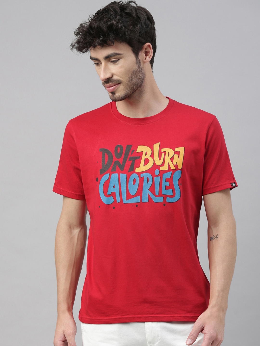 

Bushirt Men Red Blue Printed Round Neck Pure Cotton T-shirt