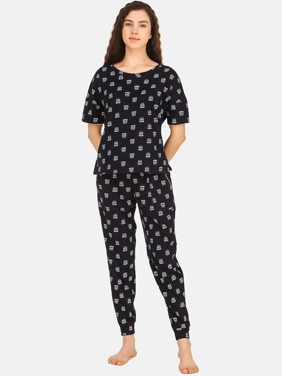 

Masha Women Navy Blue & White Printed Cotton T-shirt and Pyjamas Set