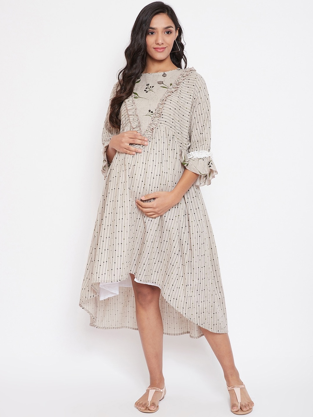 

The Kaftan Company Women Beige Printed Fit and Flare Maternity Dress